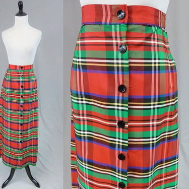 60s 70s Plaid Taffeta Maxi Skirt - Red Green Blue Black Yellow - Jilly by Judy Bond - Vintage 1960s 1970s - 29" waist 