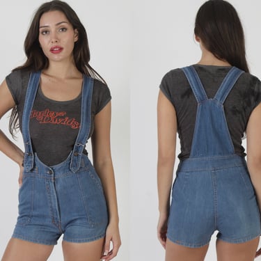 Low Cut Suspender Denim Romper / Cross Back Blue Jean Playsuit / 70s Carpenter Overalls Mini Shorts 