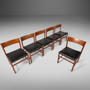 Rare Set of Six (6) 'Model 9' Dining Chairs by Arne Halvorsen for L. Jacobsen Møbelsnekkeri in Teak and  Patinaed Leather, Norway, c. 1960's 