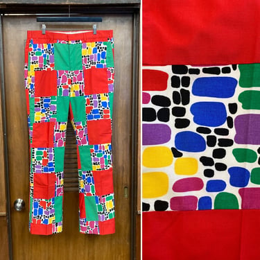 Vintage 1960’s w37 Krazy Patchwork Pop Art Mod Hippie Pants Trousers, Flat Front, Rare, 60’s Vintage Clothing 