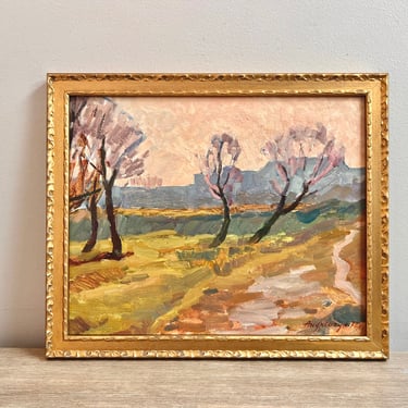 Vintage Impressionist Oil Painting Pastel Hued Landscape Plein Air Scene 