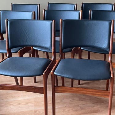 Set of EIGHT Erik Buch Teak Chairs in Black Leather 
