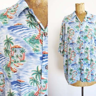 Vintage Rayon Hawaiian Shirt XL -  1980s Oversized Baggy Aloha Shirt - Tropical Palm Tree Button Up - Hawaii Vacation Shirt 