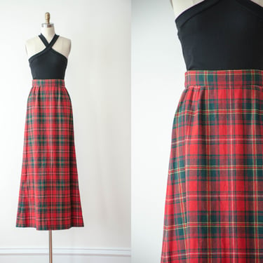 red plaid wool skirt | 70s vintage red green plaid preppy academia style long floor length wool maxi skirt 