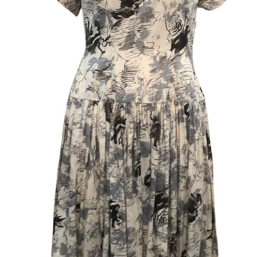 1950's Cotton Day Dress with Squiggle Rose Print