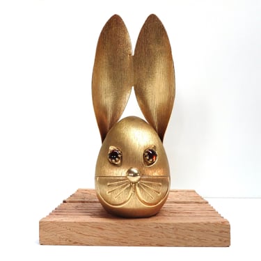 Vintage Napier Gold Tone Bunny Rabbit Coin Bank With Cabochon Jewel Eyes, 