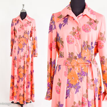 1970s Pink Coral Floral Print Maxi Dress | 70s Peach Floral Maxi Dress | Leslie Fay Original Medium 