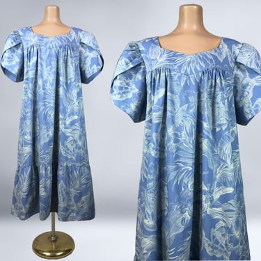 VINTAGE 70s 80s Blue Leaf Print Hawaiian MuuMuu Dress By Royal Creations Hawaii Sz XXL | 1970s 1980s Tropical Print Kaftan House Dress | vfg 