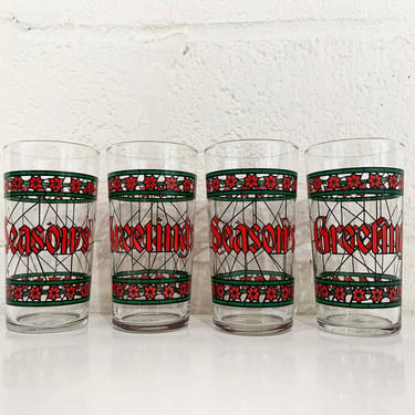 Vintage Libbey Christmas Glasses Mid Century Holiday Season's Greetings Glass Tumbler Barware Cocktail Set of 4 Red Green 1980s 80s MCM 