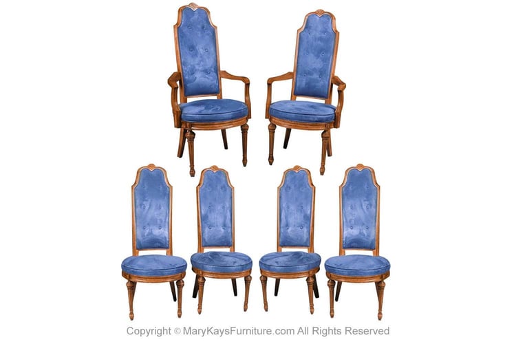 Six French Louis XVI High Back Blue Velvet Walnut Dining Chairs 