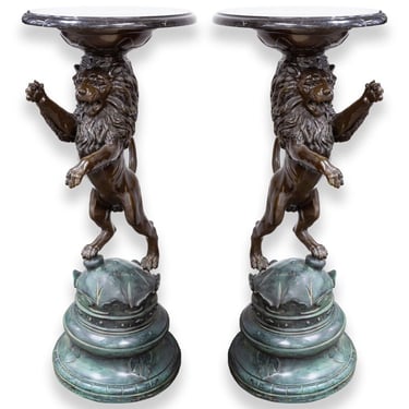 Pair of Cast Bronze Lion Sculptures with Marble Tops After P.J. Mene 
