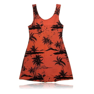 90s Orange and Black Sunset Tropical Mini A-Line Dress // Size Small 