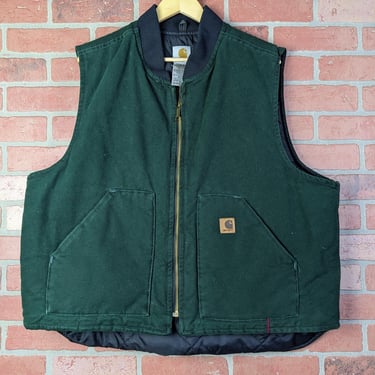 Vintage 90s Made in USA Carhartt Forrest Green ORIGINAL Canvas Work Vest - 2 Extra Large 