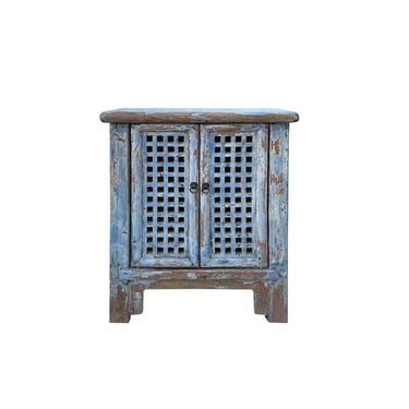 Distressed Ink Light Blue Grid Pattern Doors End Table Nightstand Cabinet ws4483E 