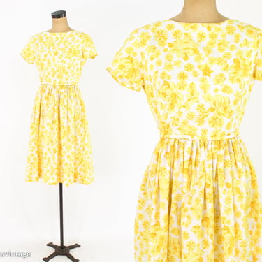 1950s Yellow Floral Print Dress | 50s Yellow Flowered Day Dress | Small 