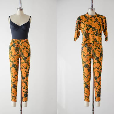 floral pants set | 80s vintage orange yellow cottagecore stretch pants legging mock neck crop top 
