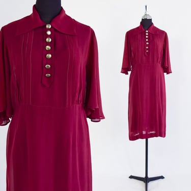 1930s Burgundy Red Silk Dress | 30s Cranberry Silk Chiffon Shirt Waist Dress | Medium 
