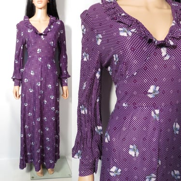 Vintage 70s Does 30s Purple Floral Frilly Maxi Dress Size S/M 