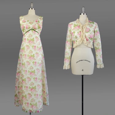 1960s Dress / Rose Print Maxi with Matching Jacket / Garden Party Dress / Cottagecore Dress / Size Medium Large 