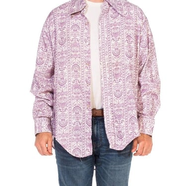 1970S Big Sir White  Purple Cotton Blend Long Sleeve Medieval Griffin Print Men's Shirt 