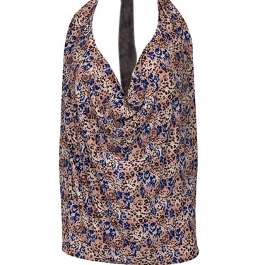 Ramy Brook - Tan & Blue Floral & Leopard Print Cowl Neck Halter Top Sz M