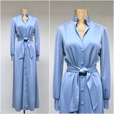 Vintage 1970s Blue Polyester Maxi Dress, 70s Frances Henaghan Sexy, Soft Dressing 