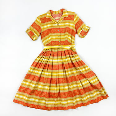 1950s Bright Orange and Yellow Stripe Print Dress / Novelty Print / Spring / Shirtwaist / Shirt Dress / 28 Waist / Fit and Flare / Pin Up / 