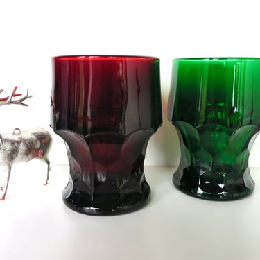 Vintage Anchor Hocking Georgian Honeycomb Glass Tumblers in Emerald Green and Ruby Red, Vintage 1950s Christmas Colored Bar Glasses 