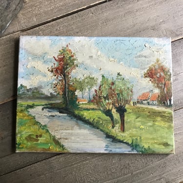 Antique Bruxelles Oil Painting on Canvas, Belgian Pastoral Countryside Scene, Signed, Dated 1950 