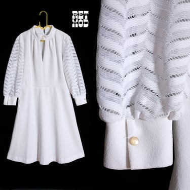 Pretty Vintage 60s 70s White Sleeve Lace Long Sleeve Retro Dress 
