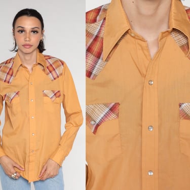 70s Western Shirt Burnt Orange Pearl Snap Shirt Plaid Yoke Long Sleeve Button Up Cowboy Rodeo Collared Westernwear Vintage 1970s Small S 