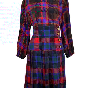 Yves Saint Laurent Rive Gauche Late '70s/ Early '80s Plaid  Silk Blouse + Pleated Wool Skirt Set