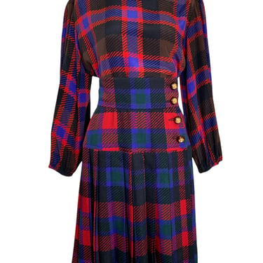 Yves Saint Laurent Rive Gauche Late '70s/ Early '80s Plaid  Silk Blouse + Pleated Wool Skirt Set