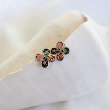 cloisonne stud earrings - vintage 90s 1990s clover shape silver tone womens post pierced 