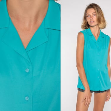 Sleeveless Blouse 80s Button Up Turquoise Shirt Tank Top Blue Collared Shirt 1980s Plain Normcore Vintage Retro Tee Large L 