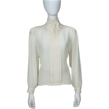 Vintage 1980s Laura & Jayne Off White Blouse with Front Pleats Bow at Neck 