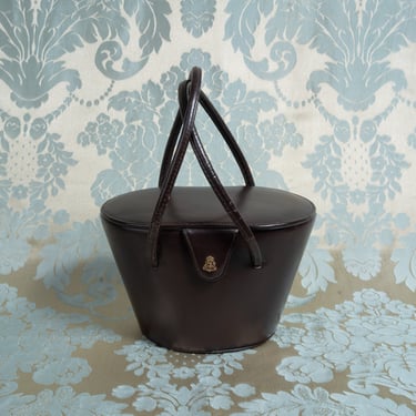 Vintage 50s Saks Fifth Avenue Brown Leather Structured Bucket Purse Handbag with Top Handles and Large Interior Mirror 