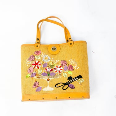1960s Yellow Canvas Bejeweled Purse  | 60s Gold Wood & Canvas Tote 