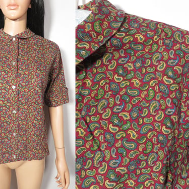 Vintage 60s Penneys Lady Towncraft Cranberry Fall Tone Thanksgiving Paisley Loop Collar Blouse Size L 