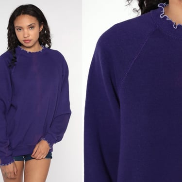 80s Sweatshirt Purple Crewneck Sweatshirt Lettuce Edge Hem Raglan Sleeve Plain Long Sleeve Shirt Slouchy 1980s Vintage Sweat Shirt Large 