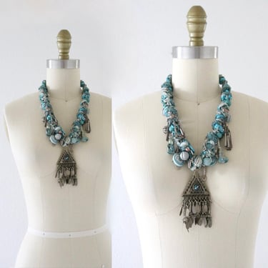 vintage artsy statement necklace - womens boho bohemian turquoise blue mixed media fringe silver hippie festival jewelry 