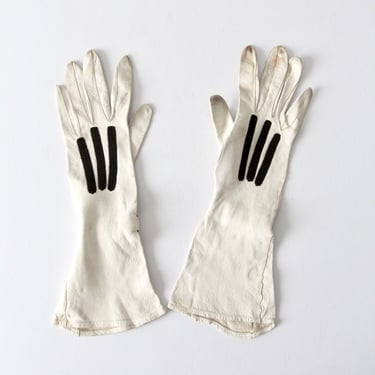 vintage leather gloves, white classic length driving gloves 