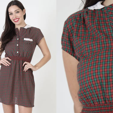 Holiday Party Red Green Plaid Mini Dress, Christmas Style 70s Outfit, Vintage Button Up Secretary Frock 