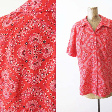 Vintage 60s Red Bandana Print Blouse M - 1960s Collared Short Sleeve Country Western Button Up Top 