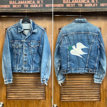 Vintage 1960’s Levi’s Big E Denim Trucker Jacket, Peace Dove Embroidery, Hippie Rocker, Original, 60’s Vintage Clothing 