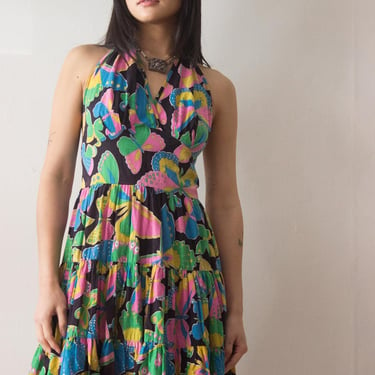 Early 1970s Butterfly Print Voile Cotton Halter Dress 