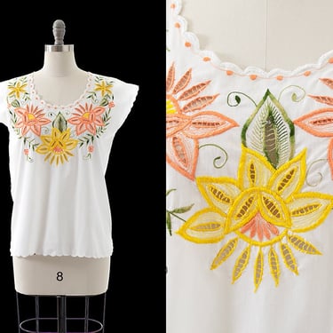Vintage 1980s Top | 80s Floral Embroidered Cutwork White Cotton Short Sleeve Top (medium) 