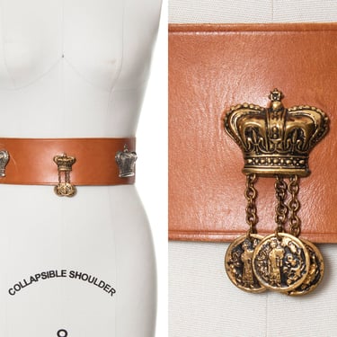 Vintage 1960s Cinch Belt | 60s Novelty Metal Royal Crowns Coins Brown Leather Wide High Waisted Buckled Belt (medium) 