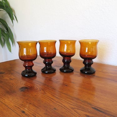 Vintage Amber Glass Tumblers Set of 4 Colony Italy PD Imports 1970's MCM Glassware 