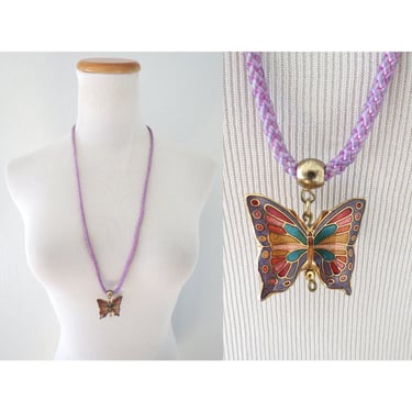 Vintage Butterfly Necklace - 80s Cloisonne Enamel Pendant Costume Jewelry 